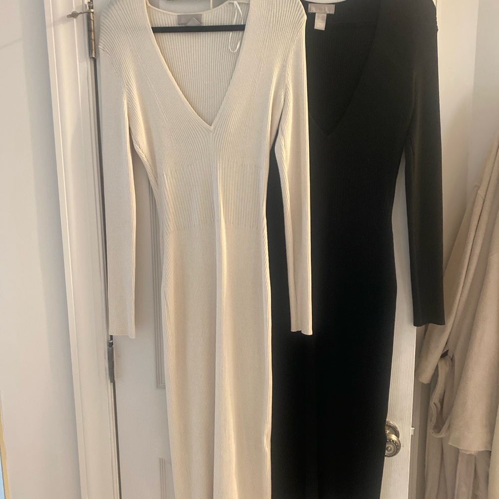 Bundle of two, Elegant V-Neck bodycon Ribbed Knit Dresses - Black and Cream.nwot